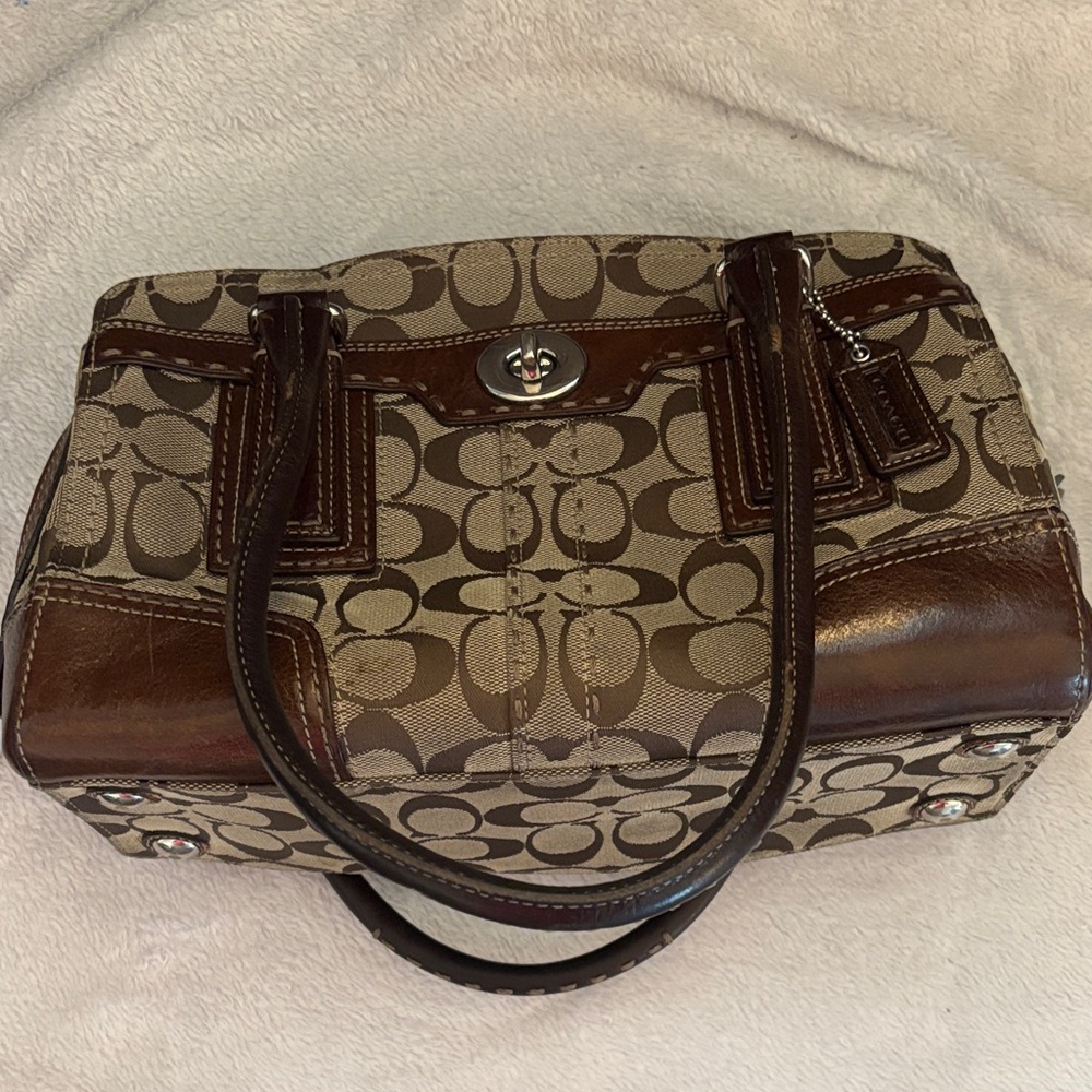 Coach Brown and Tan Logo Satchel with Leather Trim